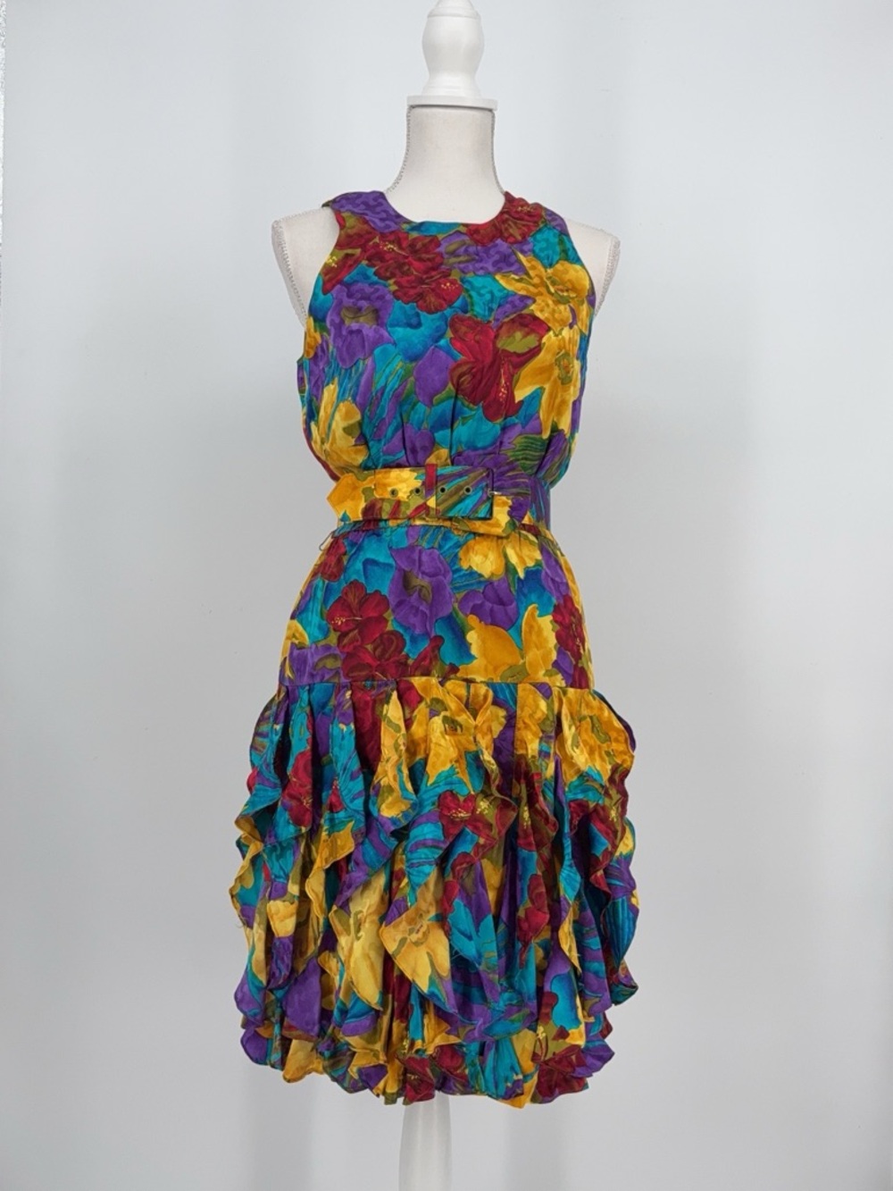 Gillian vintage 100% silk Floral dress with ruffles and vibrant colors.
